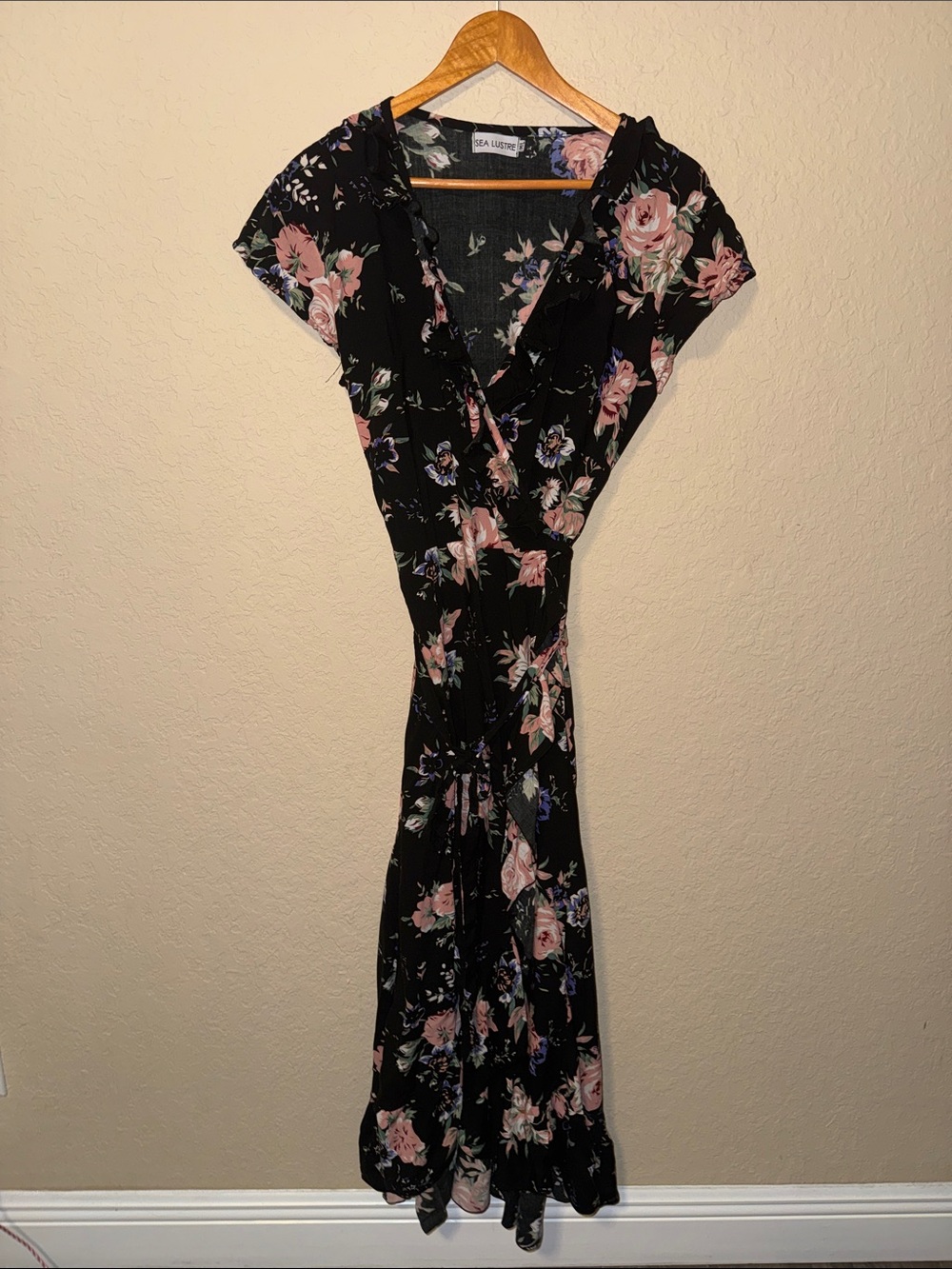 Sea Luster Black Floral Maxi Dress with Pink Roses
